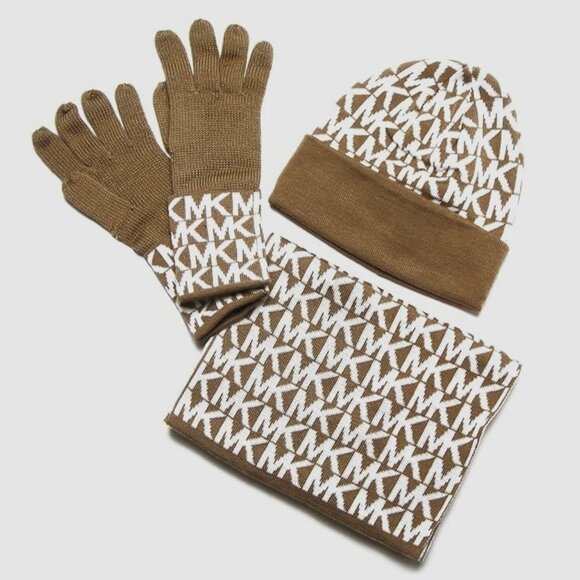 Michael Kors Women's 3 Piece Set Scarf Hat and Gloves Set Camel/Derby Grey - Picture 1 of 6